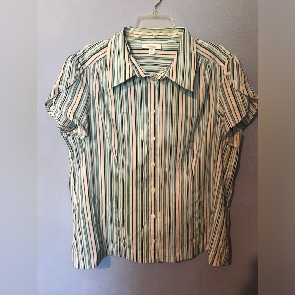 Women's DressBarn Striped Button Down Collared Blouse~1X~Tailored~Smocking